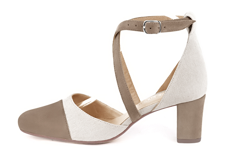 Tan beige women's open side shoes, with crossed straps. Round toe. Medium block heels. Profile view - Florence KOOIJMAN
